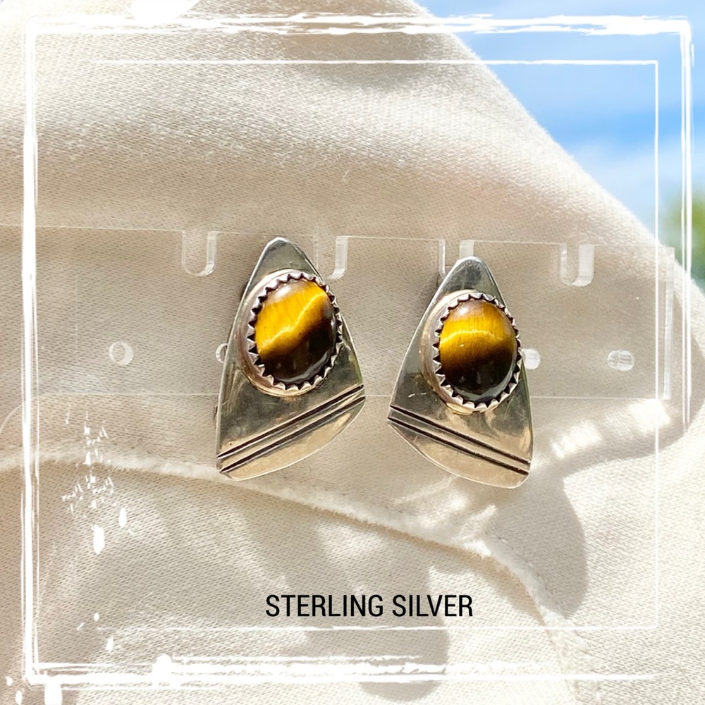 SIGNED-Herbert Cayatineto Navajo Sterling Silver Tiger’s Eye Clip On Earrings - Picture 4 of 11